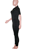 Dark Blue Casual Lapel Neck Short Sleeve Single-Breasted Bodycon Jumpsuits SN390172-2