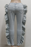 Light Blue Personality Water Washiong Hole Elastic Ruffle Jean Carrot Pants SMR2539