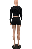 Black Casual Hoodie Zipper Long Sleeve Crop Top Shorts Sports Two Piece QSS51026-1