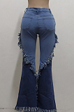 Light Blue High Waist Water Washing Spliced Jean Slim Fitting Stretch Flare Pants SMR2565