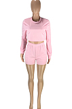 Pink Autumn Pure Color Round Neck Long Sleeve Dew Waist T Shirt Shorts Two Piece SM9196-1