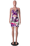 Purple Sexy Strapless Halter Neck Backless Tank Short Skirts Two Piece SZS8089-3