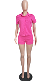 Khaki Pure Color Linen Lapel Neck Single-Breasted Short Sleeve Shirt Shorts Two-Piece LML252-3