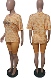 Orange Blue Fashion Tie Dye Letter Print Round Neck Short Sleeve Shorts Casual Sets T231-3