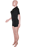 Black Casual Lapel Neck Short Sleeve Single-Breasted Romper Shorts SN390171-1