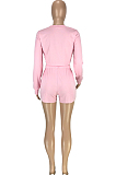 Pink Autumn Pure Color Round Neck Long Sleeve Dew Waist T Shirt Shorts Two Piece SM9196-1