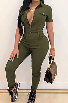 Army Green Casual Lapel Neck Short Sleeve Single-Breasted Bodycon Jumpsuits SN390172-1