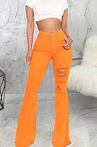 Orange Personality Hole Pure Color Elastic Jean Flare Pants SMR2475-1