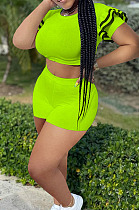 Neon Green Brace Horn Sleeve Round Neck Crop Top Shorts Two Piece SZS8076-4