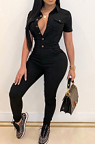 Black Casual Lapel Neck Short Sleeve Single-Breasted Bodycon Jumpsuits SN390172-3