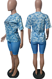 Peacock Blue Fashion Tie Dye Letter Print Round Neck Short Sleeve Shorts Casual Sets T231-2