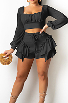 Black Low Cut Long Sleeve Crop Top Cute Mid Waist Ruffle Shorts Two-Piece MTY6566-3