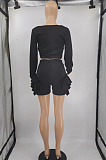 Black Low Cut Long Sleeve Crop Top Cute Mid Waist Ruffle Shorts Two-Piece MTY6566-3