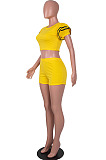 Yellow Brace Horn Sleeve Round Neck Crop Top Shorts Two Piece SZS8076-1