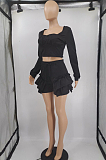 Red Low Cut Long Sleeve Crop Top Cute Mid Waist Ruffle Shorts Two-Piece MTY6566-1