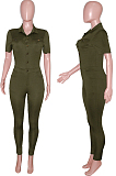 Army Green Casual Lapel Neck Short Sleeve Single-Breasted Bodycon Jumpsuits SN390172-1