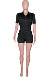 Army GreenCasual Lapel Neck Short Sleeve Single-Breasted Romper Shorts SN390171-3