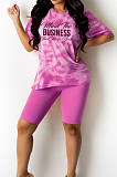 Pink Fashion Tie Dye Letter Print Round Neck Short Sleeve Shorts Casual Sets T231-1