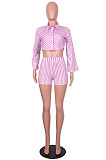 Purple Lapel Neck Button Long Sleeve Crop Shirts Mid Waist Shorts Two Piece SZS8101-1 