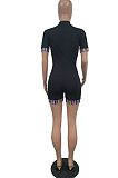 Black Half High Neck Zipper Spliced Short Sleeve Slim Fitting Romper Shorts T236-1