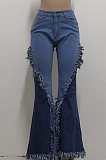 Light Blue High Waist Water Washing Spliced Jean Slim Fitting Stretch Flare Pants SMR2565