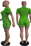 Green Half High Neck Zipper Spliced Short Sleeve Slim Fitting Romper Shorts T236-2