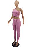 Pink Tight Pure Color Sleeveless Top With China Mid Waist Long Pants Two-Piece MTY6552-3