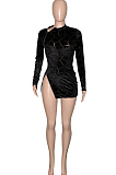 Black Hollow Ourt Flocking Bouble Zipper Long Sleeve Sexy Mini Dress SN3910161-1