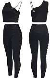 Black Tight Pure Color Sleeveless Top With China Mid Waist Long Pants Two-Piece MTY6552-2