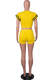 Yellow Brace Horn Sleeve Round Neck Crop Top Shorts Two Piece SZS8076-1