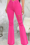 Rose Red Personality Hole Pure Color Elastic Jean Flare Pants SMR2475-2