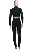 Rose Red Fashion Spliced V Neck Long Sleeve Crop Top Tight Pants Two-Piece YMT6227-3