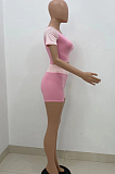 Pink Spliced Round Neck Short Sleeve Crop Top Shorts Casual Two-Piece ZQ8086