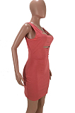 Red Solid Color Round Neck Sleeveless Hollow Out Sexy Hip Dress ZQ9207