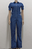 Dark Blue Casual Lapel Neck Zipper Short Sleeve Slim Fitting Jean Wide Leg Jumpsuits SMR2928-2