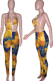 Yellow Summer Tie Dye Print Hollow Out Bandage Bikini Pencil Pants Bodcoy Jumpsuits SN390150-2