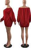 Red A Word Shoulder Lantern Sleeve Solid Color Loose Mini Dress H1675-2