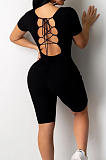 Black Night Club Square Neck Short Sleeve Back Hollow Out Bandage Romper Shorts ZQ9198-2