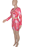 Red Tie Dye Print Round Neck Bandage Long Sleeve High Waist Short Skirt Sets SN390111-3
