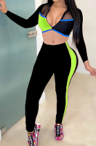 Neon Green Fashion Spliced V Neck Long Sleeve Crop Top Tight Pants Two-Piece YMT6227-2