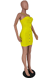 Yellow Night Club Solid Color Condole Belt Backless Button Elastic Waist Hip Dress AMX6051-1