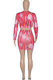 Red Tie Dye Print Round Neck Bandage Long Sleeve High Waist Short Skirt Sets SN390111-3