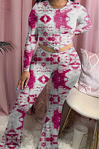 Red Tie Dye Round Neck Long Sleeve Casual Long Pants Two-Piece YSS8040-1