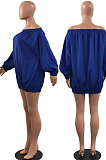 Blue A Word Shoulder Lantern Sleeve Solid Color Loose Mini Dress H1675-3