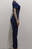 Blue Casual Lapel Neck Zipper Short Sleeve Slim Fitting Jean Wide Leg Jumpsuits SMR2928-1
