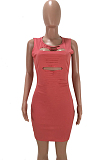 Red Solid Color Round Neck Sleeveless Hollow Out Sexy Hip Dress ZQ9207