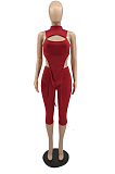 Red Half High Neck Sleeveless Hollow Out Elastic Cropped Pants Pure Color Sets YYF8232-2
