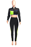 Orange Fashion Spliced V Neck Long Sleeve Crop Top Tight Pants Two-Piece YMT6227-1