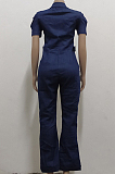Dark Blue Casual Lapel Neck Zipper Short Sleeve Slim Fitting Jean Wide Leg Jumpsuits SMR2928-2