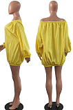 Yellow A Word Shoulder Lantern Sleeve Solid Color Loose Mini Dress H1675-1
